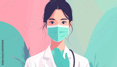 Illustration of a female doctor wearing a mask and gloves.