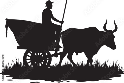 Silhouette man driving ox cart through grass vector