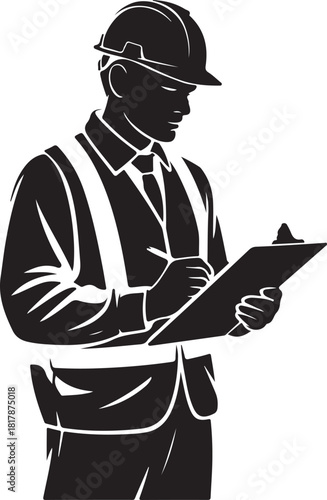 Construction worker in hard hat and safety vest writing on clipboard