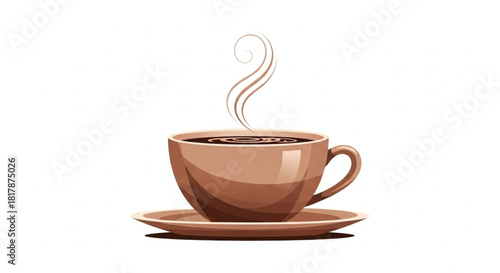 Flat-vector cup of coffee with steam swirl, smooth curves, warm brown tones, minimalist premium style, isolated on white background