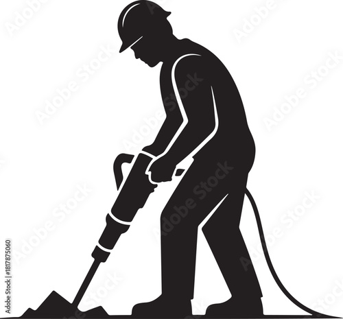 Silhouette of a construction worker using a jackhammer on a white background