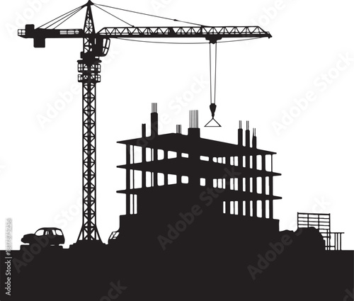 Silhouette of a construction site with a tall crane and building in progress