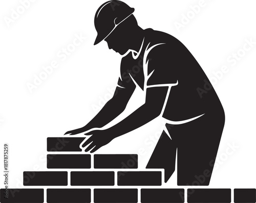 Silhouette of a construction worker laying bricks on a white background