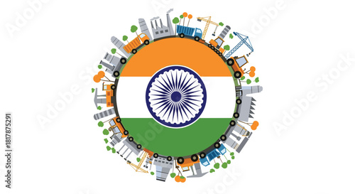 Illustration of India's economic growth and infrastructure development, featuring the national flag encircled by industrial and construction elements.