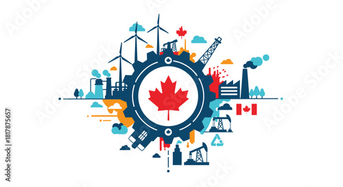 Canadian industrial landscape with diverse energy and manufacturing sectors, symbolized by a central maple leaf gear.
