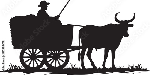Silhouette of farmer driving ox cart filled with produce