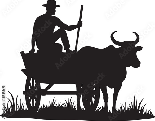 Silhouette of farmer riding ox cart in grassy field