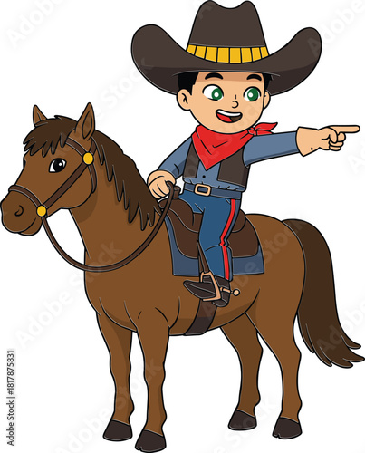 Cartoon cowboy riding brown horse with hat and neckerchief, Western adventure vector illustration, playful children’s design, rural lifestyle artwork