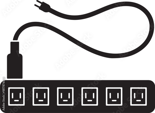 Black silhouette of a power strip with multiple outlets and a cord