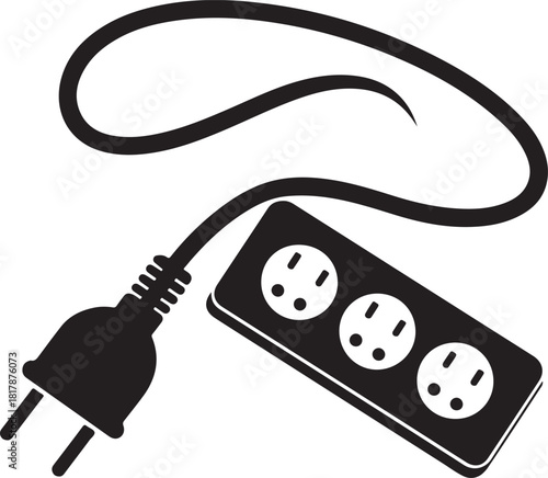 Black silhouette of an electrical power strip with three outlets and a plug