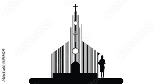 A church silhouette constructed from barcode lines, featuring a cross and a person standing nearby, symbolizing the commercialization of faith and spirituality.