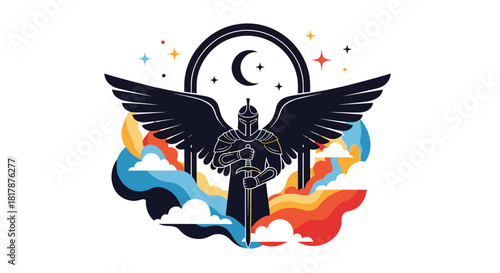 A powerful winged knight stands with a sword, surrounded by celestial elements and vibrant, flowing clouds, in a flat design illustration.