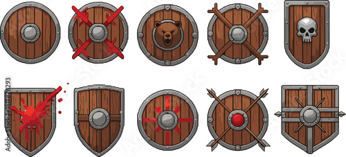 Medieval wooden shields set, fantasy battle shields, Viking round shields, warrior armor icons, RPG game assets, ancient defense equipment illustration
