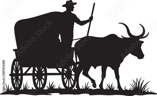 Silhouette of man driving ox cart through grass vector