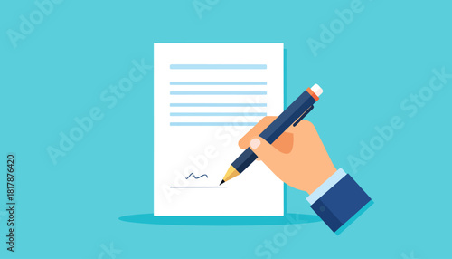 Hand signing a document with a pen on a blue background.