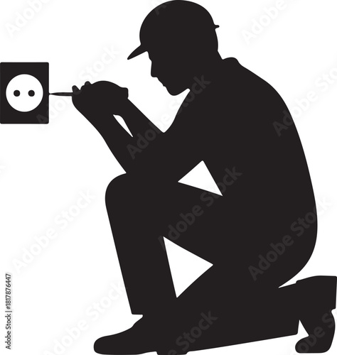 Electrician silhouette working on electrical outlet with screwdriver