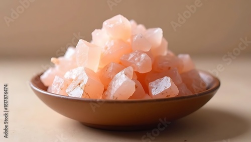 Himalayan pink salt crystals in a matte stoneware dish, hard light with sharp shadows, ultra-clean minimal composition, high-detail macro realism.
