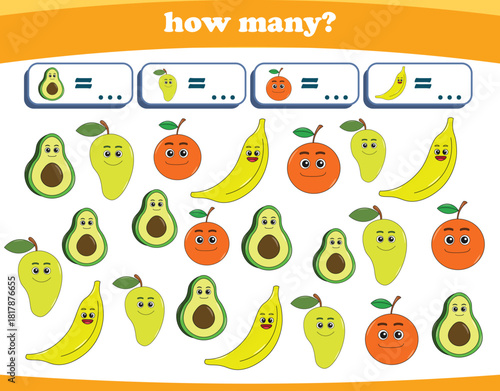 Counting game of fruits for preschool kids. Printable. Vector Illustration