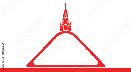 Minimalist red graphic featuring a stylized Kremlin tower silhouette atop a triangular outline, grounded by a solid red bar.