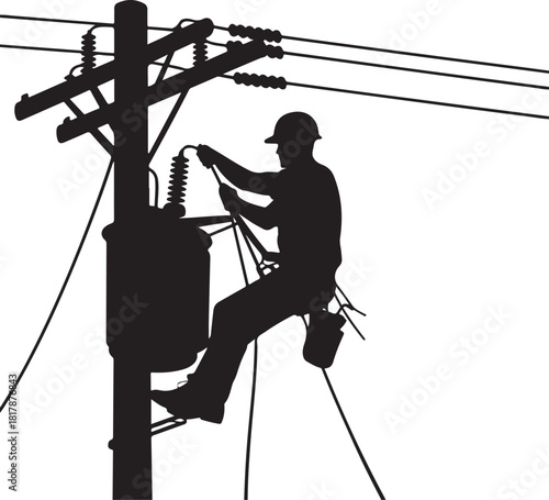 Silhouette of an electrician working on a utility pole with a transformer