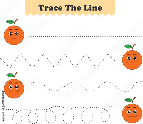 Trace line worksheets for children. Preschool handwriting practice with fruits. Vector illustration