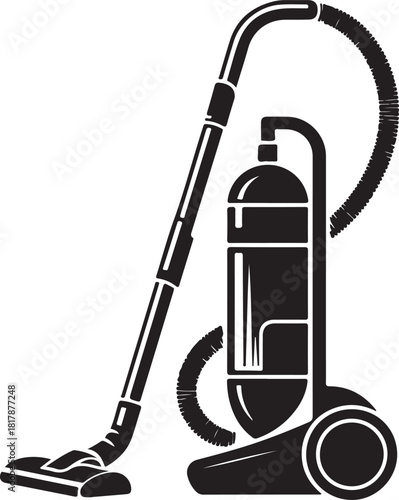 Black and white illustration of a canister vacuum cleaner with hose and wand