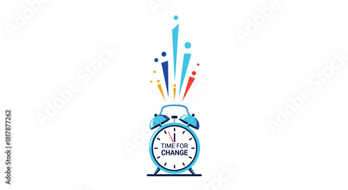 An alarm clock with 'TIME FOR CHANGE' on its face, symbolizing new beginnings and innovation with colorful abstract shapes bursting from its top.