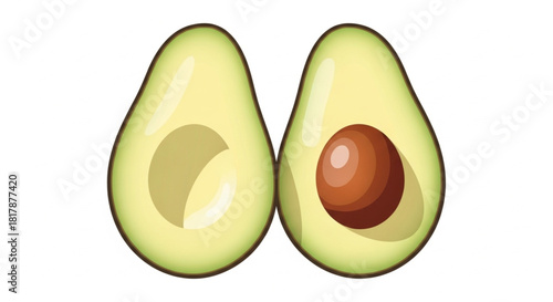 remium flat-vector illustration of a ripe avocado cut in half, clean shapes, soft gradients, isolated on a pure white background
