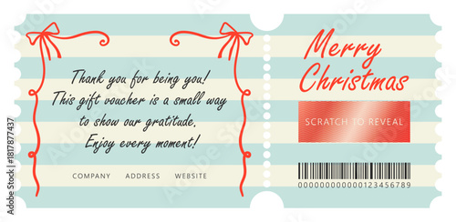 Gift certificate or voucher. Merry Christmas congratulatory message. Scratch sticker layer.