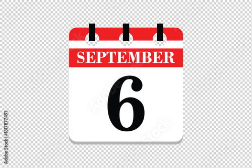 6 September Calendar icon vector, 6 dates of September month calendar icon, dates of September 6 icon calendar, vector calendar icon.