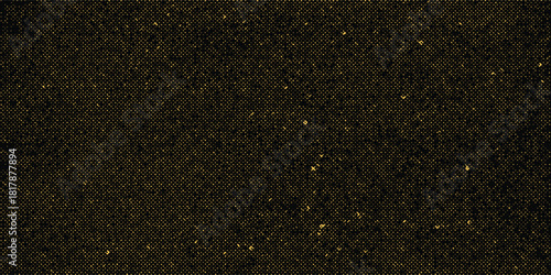 Vector halftone gold dots gradient diagonal tilt on black.