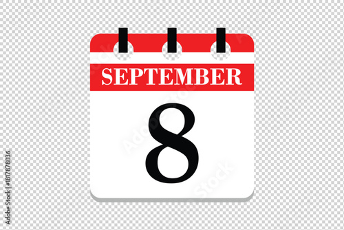 8 September Calendar icon vector, 8 dates of September month calendar icon, dates of September 8 icon calendar, vector calendar icon.