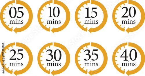 Minute Timer Icon set.Minute interval circular arrow vector. Countdown timer symbol.Alarm clock symbol. Watch countdown and Stopwatch sign. Simple express pictogram collection. Label cooking time.