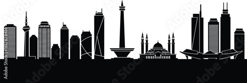 Indonesia skyline silhouette, Jakarta cityscape, landmark buildings illustration, modern urban skyline art, architectural silhouette design, Southeast Asia city view