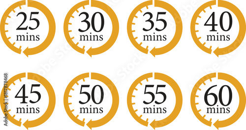 Minute Timer Icon set.Minute interval circular arrow vector. Countdown timer symbol.Alarm clock symbol. Watch countdown and Stopwatch sign. Simple express pictogram collection. Label cooking time.