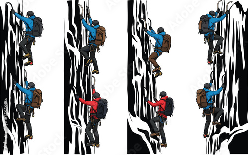 Ice climbers ascending vertical frozen cliff, extreme mountaineering adventure, winter sports athletes using gear, outdoor cold weather climbing illustration