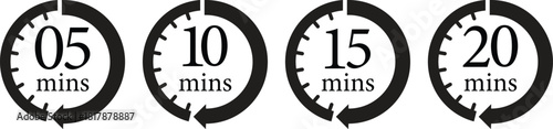 Minute Timer Icon set.Minute interval circular arrow vector. Countdown timer symbol.Alarm clock symbol. Watch countdown and Stopwatch sign. Simple express pictogram collection. Label cooking time.