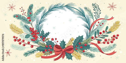 Vector  christmas  watercolor christmas wreath with pine branches holly berries and red bow decoration design
