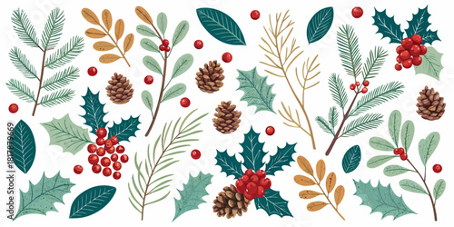 Vector  christmas  illustration of christmas foliage with pine cones and red berries on a white background