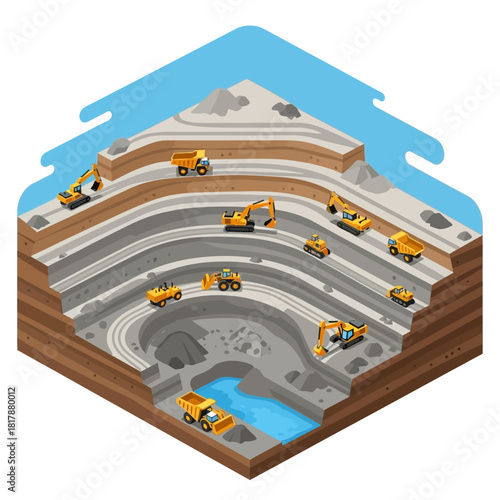 Isometric Open-Pit Mining Operation with Heavy Machinery.