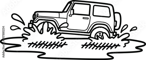 Offroad vehicle driving through a large puddle, creating a dynamic water splash, depicting an adventurous outdoor activity, isolated on white background