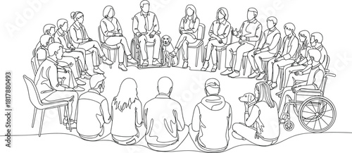Community support group meeting, diverse people sitting in a circle, therapy session illustration, teamwork discussion, mental health gathering concept