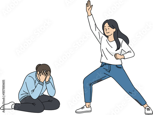 Confident woman posing, comforting upset friend scene, emotional support illustration, contrasting emotions art, encouragement concept, supportive relationship cartoon