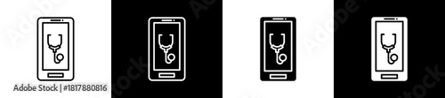 Telemedicine icon set in line and glyph style on black and white background
