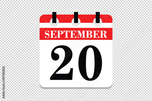 20 September Calendar icon vector, 20 dates of September month calendar icon, dates of September 20 icon calendar, vector calendar icon.