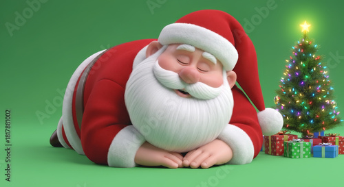Sleeping Santa Claus Beside Christmas Tree – Cute  Holiday Scene with Gifts on Green Background
