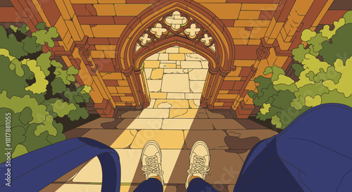 An illustrative view from above shows feet poised at the entrance of a beautifully detailed gothic archway, with sunlight illuminating the inviting path beyond.
