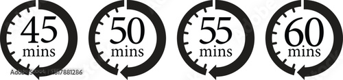Minute Timer Icon set.Minute interval circular arrow vector. Countdown timer symbol.Alarm clock symbol. Watch countdown and Stopwatch sign. Simple express pictogram collection. Label cooking time.
