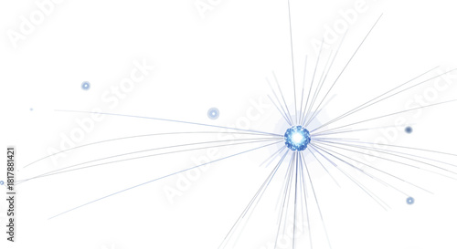 Abstract blue light burst with radiating lines and dots, symbolizing data flow, network connections, and technological innovation, isolated on white background