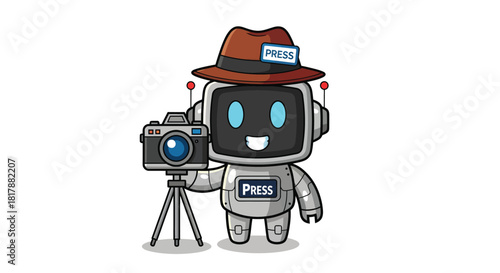 Smiling robot journalist with camera and press hat ready for news coverage.